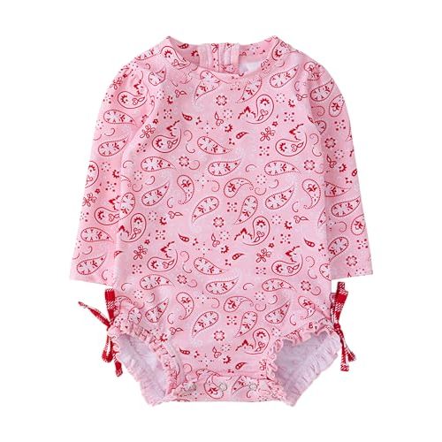 RuffleButts Baby Girls Novelty Baby One Piece - Rash Guard Swimsuit UPF 50+ | Premium Quality, 4-way Stretch, Snap + Zipper Closure, Long Sleeves, Hand Wash, UPF 50+ Sun Protection