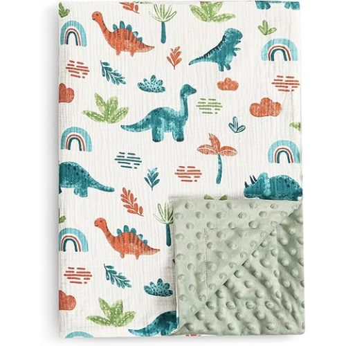 david's kids Muslin Minky Baby Blanket for Boys Girls with Muslin Cotton Front and Dotted Fleece Backing, Breathable and Soft Lightweight Receiving Blanket for Newborns, 30x40 Inches, Dinosaur