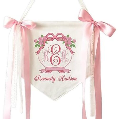 Embroidered Baby Name Sign Personalized Baby Announcement Sign Newborn Baby Banner with Bows Baby Hospital Name Sign Canvas Hanging Pennant Flag Custom Infant Baby Name Baby Shower Banner (03)