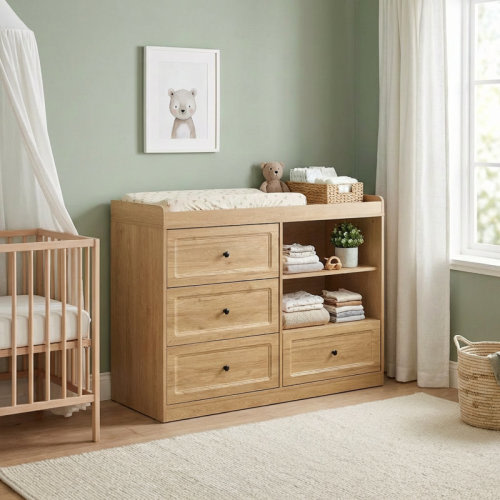 Changing Table Dresser, Baby Nursery Dresser With 4 Drawers And 2 Adjustable Shelves, Wooden Baby Diaper Changing Station, Natural Wood | Wayfair
