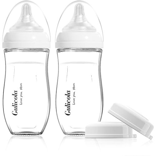 Gulicola Natural Glass Baby Bottle for Breastfed Babies, Anti-Colic Baby Bottle Set with Medium Flow Nipple, 3 Months +, 8 oz, 2 Pack - White
