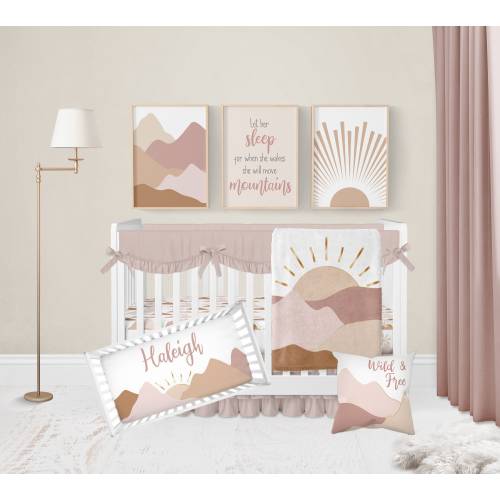 Boho Crib Bedding Set Girl, Baby Girl Crib Bedding, Sunshine, Mountain, Boho Nursery, Sun Mountain Crib Bedding Set, Pink, Mauve, Earth Tone