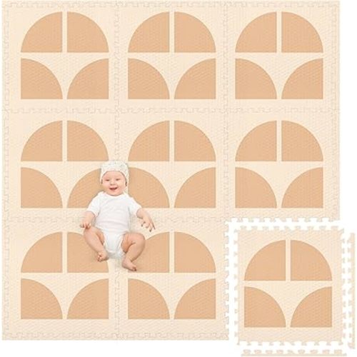 Play Platoon Large Kids Mats for Floors, Non-Toxic, 9 Tile 72 x 72 inch, Extra-Thick Interlocking Tiles, 24 x 24 in. Puzzle Mat Pieces with Border, Neutral Playmat Rug for Toddlers & Children