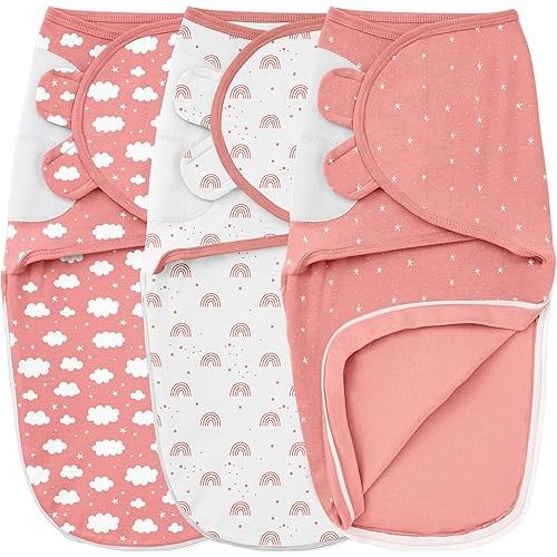 Baby Swaddles for Newborns with Zipper, 100% Cotton Newborn Swaddle Sack, 3 Pack Baby Swaddles 0-3 Months Swaddle Sleep Sack for Newborn Baby Boy Girl White Pink Rainbow