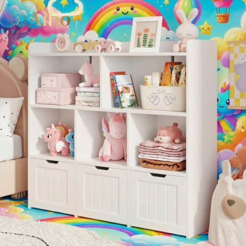Aiho Kids Bookcase,Children's Book Shelf, 3 Drawers with wheels for Storage,Toddler Bookshelf for Nursery,Kids Rooms - White