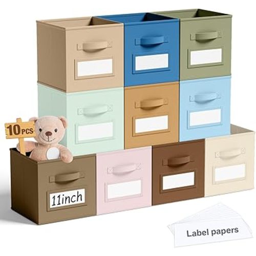 10 Pcs Fabric Storage Cube with Labels 11 Inch Collapsible Cube Organizer Basket with Window Card for Shelf Nursery Clothes Book Toy Festival Storage Bin Back to School(Boho)