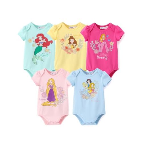 Disney Marvrl Princess Stitch Minnie Baby Girls Clothes, 5 Pack Short-Sleeve Bodysuits, Newborn to Infant Outfit, 0-18 Months
