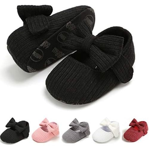 Baby Girls Mary Jane Flats with Bowknot Flowers Princess Wedding Dress Ballet Shoes Non-Slip Toddler First Walkers Newborn Crib Shoes