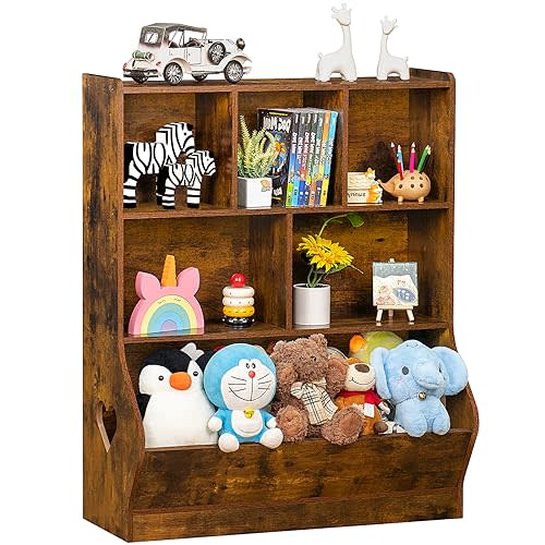 Lerliuo Kids Toy Storage Organizer, 3 Tier Children Small Bookcase and Bookshelf, Toddler 7 Cubby Toy Storage Cabinet, Toy Shelf for Playroom, Bedroom, Living Room, Nursery, School 29.53'' H (Brown)