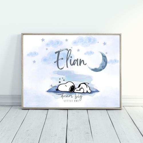 Personalized Digital Sleepy Snoopy Name Poster. Snoopy  Wall Prints. Snoopy Lovers. Dream Big Little one Custom Name. Digital Download Print