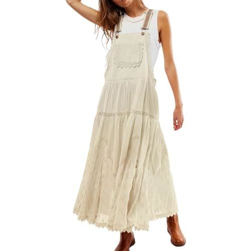 Women's Casual Lace Embroidered Maxi Dress Adjustable Strap Pleated Tiered Swing Long Dress with Pockets
