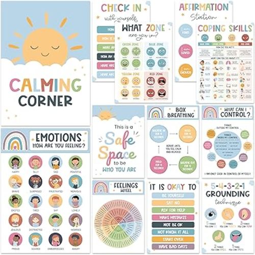 BEAWART Calming Corner Classroom Posters, 12 Pack Boho Emotions Chart