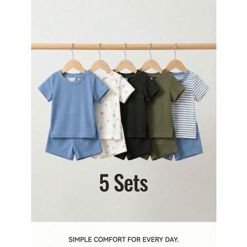 SHEIN Playful Pals 5pcs Baby Boy Outfit Set, Including 5 Textured Knit Short Sleeve Crew Neck Tops And 5 Elastic Waist Textured Knit Shorts. The Top Colors Are Khaki, Blue Gray, Army Green, Brown, And Black, With The Shorts Matching The Corresponding Top 