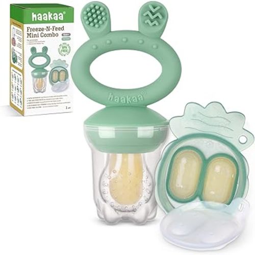 Haakaa Baby Fruit Food Feeder & Mini Freezer Nibble Tray Combo, Breastmilk Popsicle Molds for Cooling Relief, BPA Free Silicone Feeder for Safe Infant Self Feeding, 4 Month+ (Pea Green)
