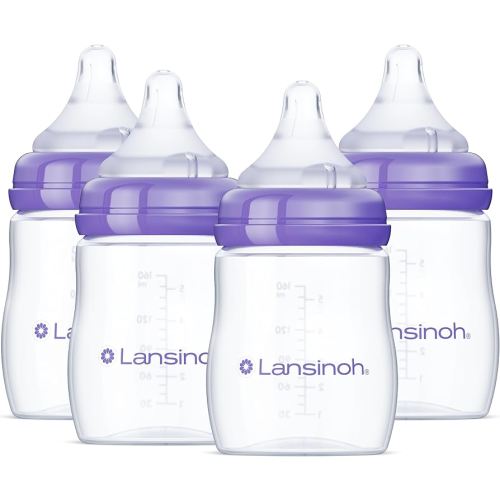 Lansinoh Anti-Colic Baby Bottles for Breastfeeding Babies, 5 Ounces, 4 Count, Includes 4 Slow Flow Nipples, Size S