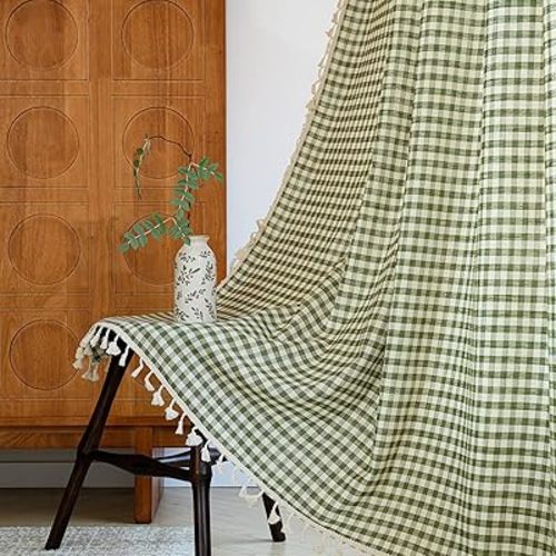 ENJOYBRIDAL Green Plaid 84 Inch Curtains for Living Room Cute Gingham Drapes Rod Pocket Semi Sheer Boho Rustic Window Curtain Panels Bedroom Tassel 2 Panels Farmhouse Window Treatments