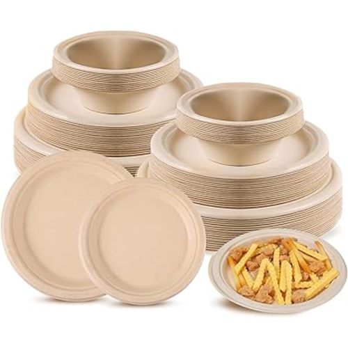 SHENLIU 150Pcs Disposable Paper Plates 7" & 9" Plate and 12oz Bowls Small Compostable Dessert Plates, Eco-Friendly Bulk Dessert Party Appetizer Cakes Restaurant Paper Plates 50 Servings