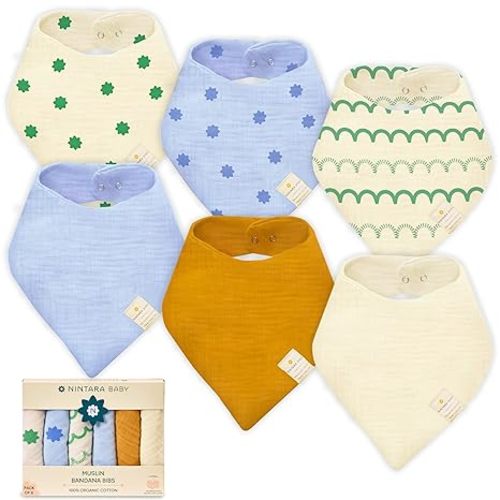 NINTARABABY Bandana Bibs - 100% Organic Premium Muslin Cotton, Absorbent, Soft, Adjustable Snap Buttons, Reversible, 6-Layers for Drooling, Teething, Feeding, Gifts for Babies Ages 0-3, Pack of 8