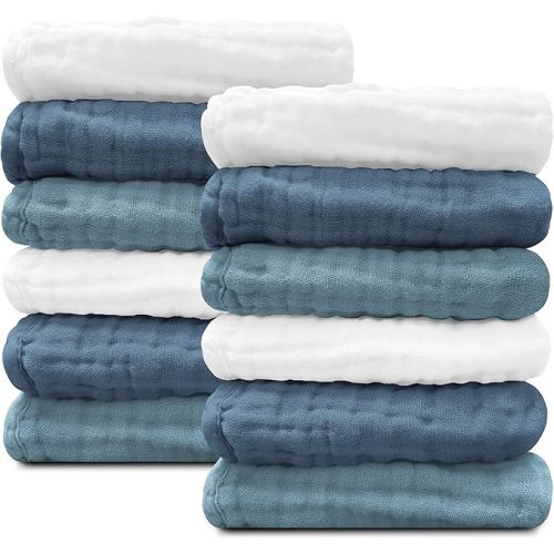 Sunny zzzZZ Baby Muslin Washcloths -100% Cotton Muslin Soft Baby Bath Wash Cloths and Absorbent Burp Cloths for Newborns Kids Girls and Boys -12 Pack, 12x12 Inches - White+Light Navy Series