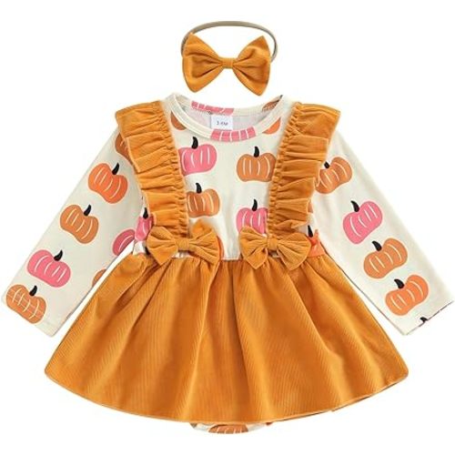 Ayalinggo My First Halloween Baby Girl Outfit Newborn Pumpkin Pie Romper Skirt Happy Thanksgiving Fall Clothes with Headband
