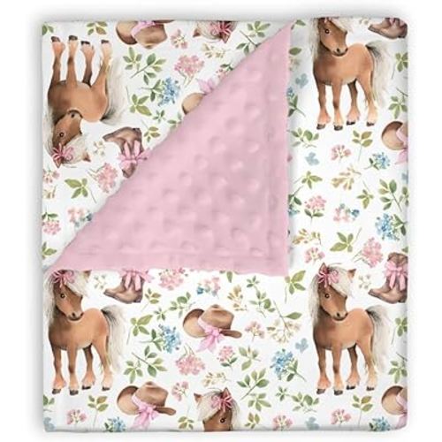 Mink Baby Girl Blanket Western Cowgirl Pony Floral, Horse Pink Flower Hat Boot Soft Double Layer Dotted Backing Receiving Swaddle, Newborn Infant Toddler Nursery Crib Bedding Shower Gift 30x40