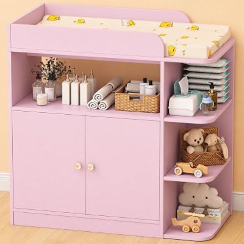 Wanan Changing Table Dresser with Large Cabinet for Nursery, Wood, Pink