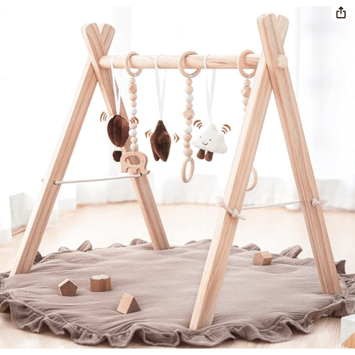 Razee Wooden Baby Play Gym Play Mat, Foldable Baby Gym with 6 Hanging Sensory Toys for Newborn Shower Gift