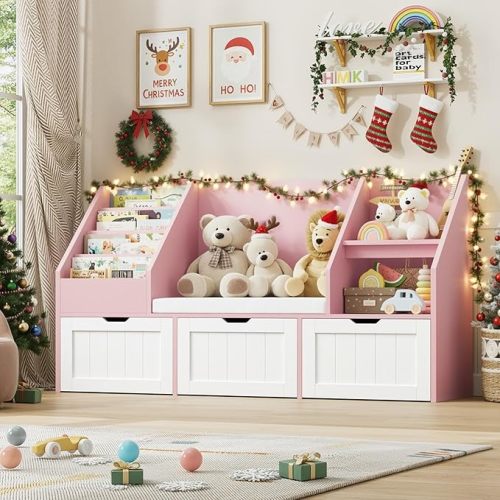 FOTOSOK 55.1’’ Kids Bookshelf with Reading Nook, Toy Storage Organizer with Seat Cushion and 3 Movable Drawers, Kids Reading Nook Toy Organizers and Storage with Bench for Playroom, Bedroom, Pink