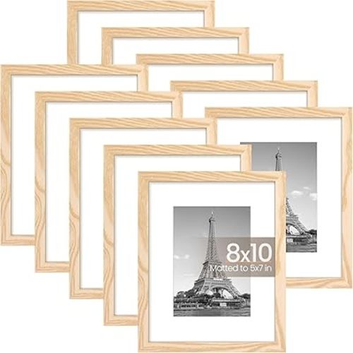 upsimples 8x10 Picture Frame Set of 10, Display Pictures 5x7 with Mat or 8x10 Without, Multi Photo Frames Collage for Wall or Tabletop Display, Natural