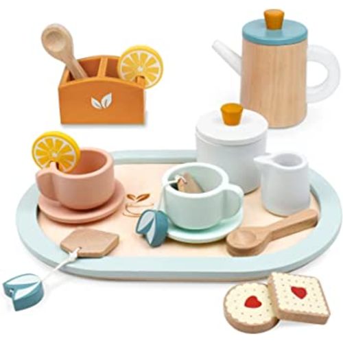 PairPear Wooden Tea Set for Little Girls, Wooden Toys Toddler Tea Set Play Kitchen Accessories for Kids Tea Party with Play Food.
