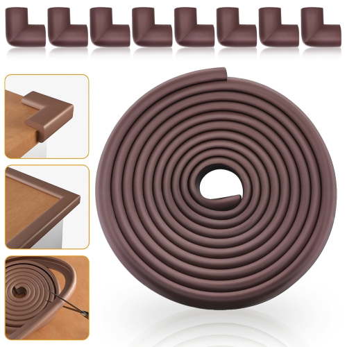 Baby Proofing Edge Corner Protector, Soft Rubber Foam Table Bumper Guard, 3M Pre-Taped Corners, 16.5 ft (15 ft Edge + 8 Corners), Brown