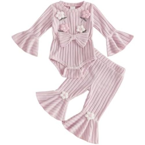 Baby Girl Crochet Outfit Floral Ruffle Romper Bell Bottom Leggings