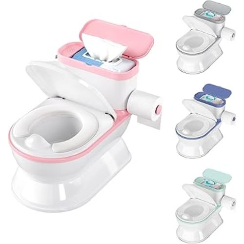 2-in-1 Toddler Potty Training Toilet - Larger Potty Chair & Detachable Training Seat for Boys & Girls Ages 1-3 with Flushing Sound, Wipes Storage, Toilet Paper Holder - Pink