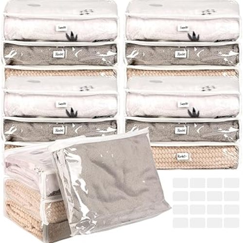 16 Pieces Clear Zippered Storage Bags, Plastic Blankets Storage Bags with Zipper and Label Clothing Organizer for Sweater Bed Sheet Quilt Clothes Pillow (13.8 x 11.4 x 3.2 Inch)