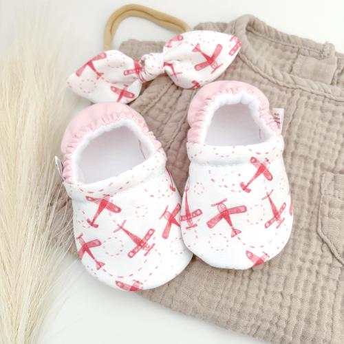 Pink Airplane Baby Booties: Soft Sole Moccasins