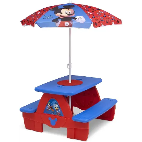 Disney Mickey Mouse 4 Seat Activity Picnic Table with Umbrella and Lego Compatible Tabletop by Delta Children
