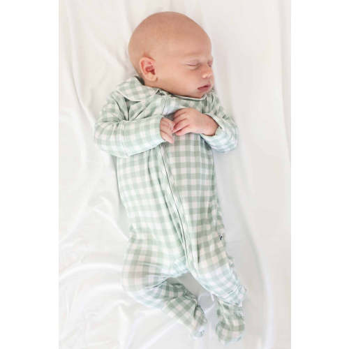Peter Pan Collar Zipper Footie in Moss Gingham | Caden Lane