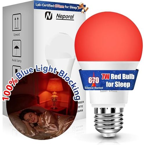 Neporal 7W 670nm Red Light Bulbs for Sleep - 100% Blue Light Blocking Bulbs for Melatonin Promote, A19 50W Equivalent Dim LED Red Light Bulb for Lamps, Bedroom Sleeping, Reading, Baby Nursery, 1-Pack