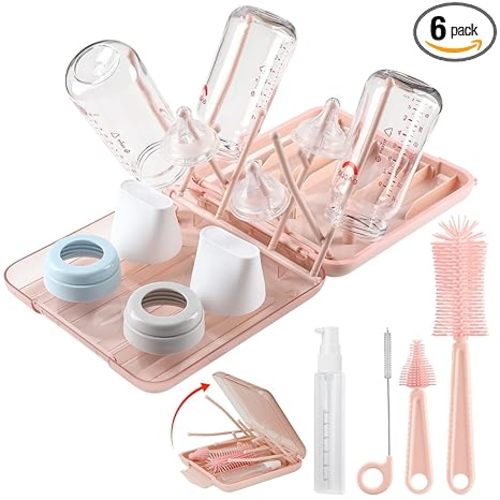 6 in 1 Baby Bottle Cleaner Set with Drying Rack,Silicone Baby Bottle Brush,Straw Brush,Nipple Brush,Soap Dispenser and Storage Box, Portable Baby Essentials for Home&Travel(Pink)