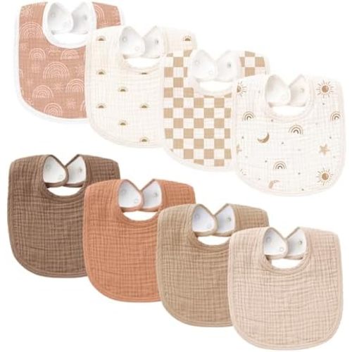 Konssy 8-Pack Muslin Baby Bibs, Adjustable Fit for Drooling and Teething