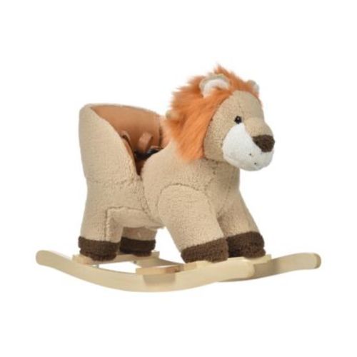 Kids Rocking Chair with Sound, Wood Base Seat, Safety Belt, Lion
