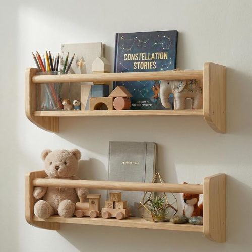 Nursery Bookshelf Set of 2, 16” Nursery Book Shelves Wall Mounted, Wooden Floating Shelves for Nursery Wall, Baby Book Shelf for Nursery, Kids Wall Bookshelf Organizer with Support Rod, Space Saving