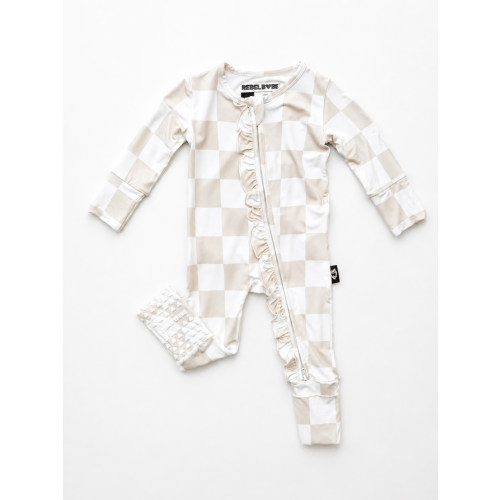 Ruffled Bamboo Zippy Sleeper in Salt + Sand Checkered