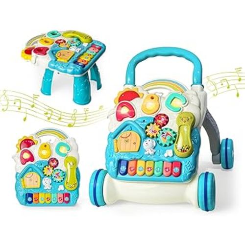 Sit to Stand Baby Walker, Activity Center with Music and Light, Activity Table for Toddlers, Push Toys for Babies Learning to Walk, Early Education Toys for Infant Boys Girls 6 Months Up (Blue)