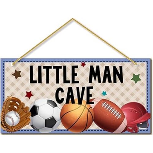 Little Man Cave, Sports Room Decor for Boys Wooden Door Sign Baby Boys Bedroom Wall Decorations for Nursery Toddler Nursery Playroom Wall Art