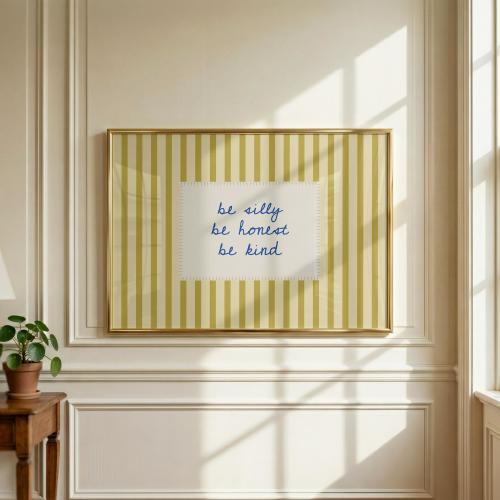 Printed Be Silly Be Honest Be Kind, Mustard Striped Bathroom Decor, Typography Poster, Horizontal Print, Kids Bedroom Decor, Minimalism