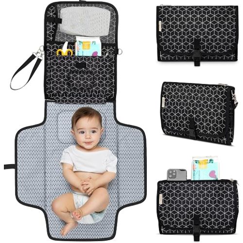 KeaBabies Portable Diaper Changing Pad, Travel, Car - Large Waterproof Baby Changing Mat, Wipeable, Padded, On The Go Travel Diaper Clutch Bag, Easy to Use Pockets for Newborn Essentials (Black Geo)