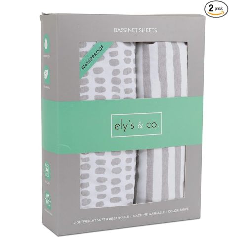 Ely's & Co. Patent Pending Waterproof Bassinet Sheet, No Need for Bassinet Mattress Pad Cover, 2 Pack Neutral Taupe Grey Splash & Stripes,for Baby Girl and Boy