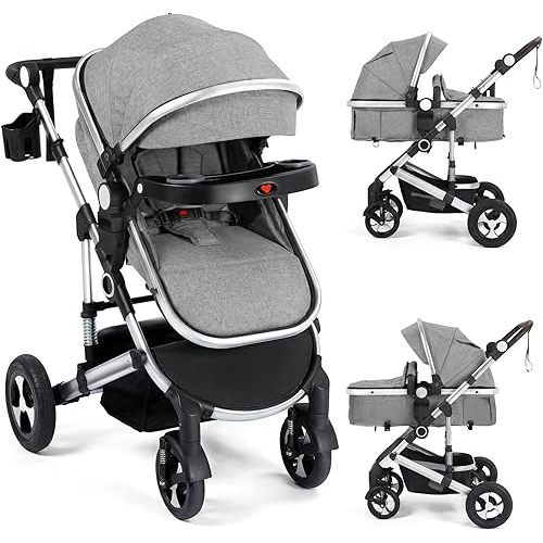 Kinder King 3 in 1 Reversible Baby Stroller w/Detachable Tray, Convert to Newborn Pram, Folding Infant Carriage for Toddler, Adjustable Canopy & Handle, Aluminum Alloy, Suspension Wheels