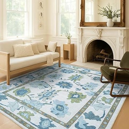 Green Oushak Rug, Modern, Vintage, Turkish, Eclectic, Floral, Pastel, Washable, Area Rugs for Living Room, Dining, Bedroom, Nursery, Girls, Boys, 5'9"x8'9"